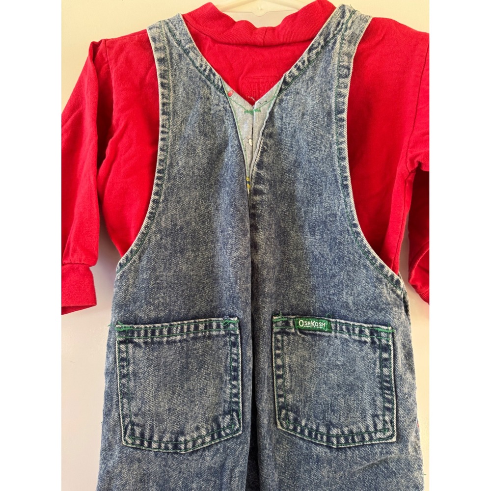 Vintage OshKosh Baby Overalls Bug Acid Wash 18 Month Red Shirt Set Made in USA - Picture 4 of 7